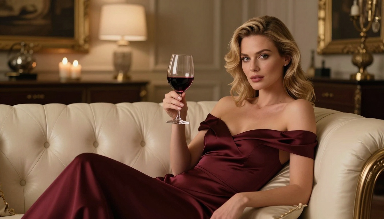 Sophisticated European woman in elegant burgundy silk dress sitting in luxurious penthouse interior