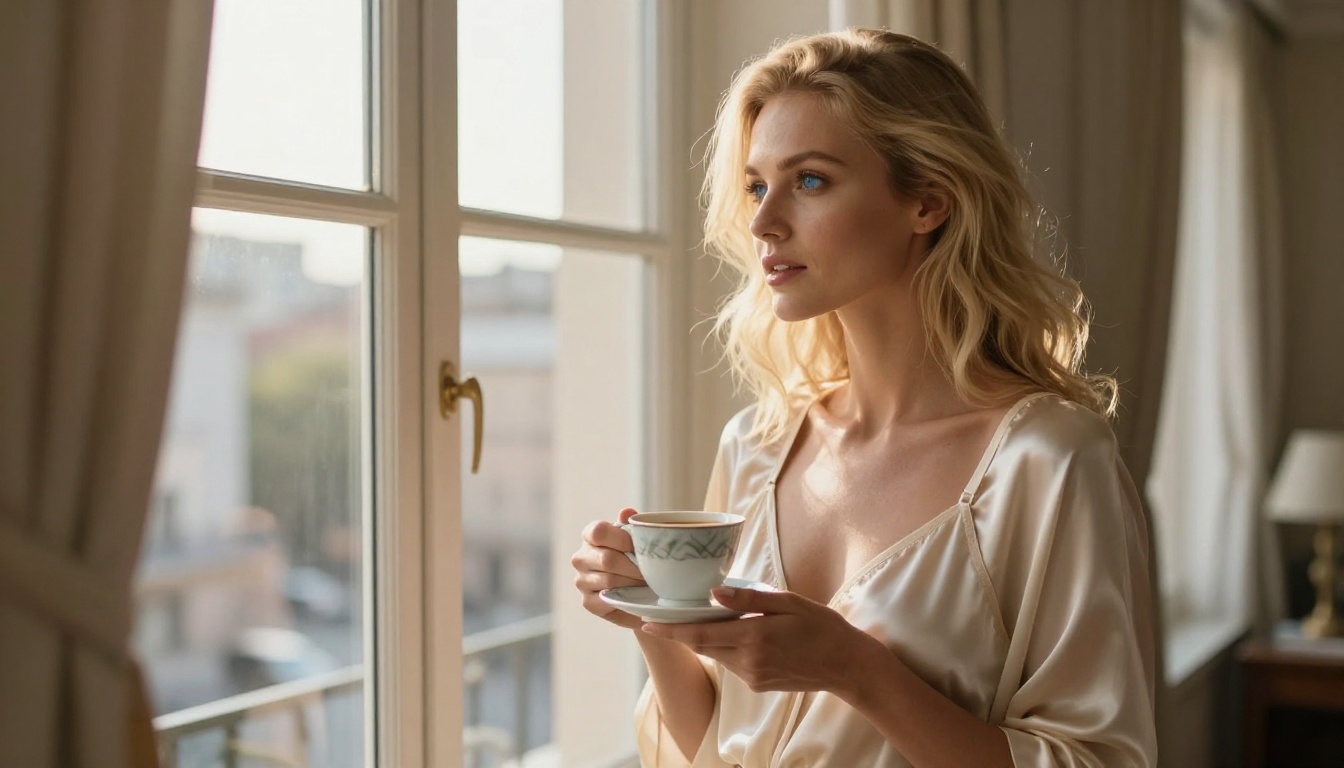 A European blonde woman in cream silk lingerie standing near a large sunlit window in a minimalist hotel room, holding a coffee cup, warm golden rim light from the window, 35mm lens