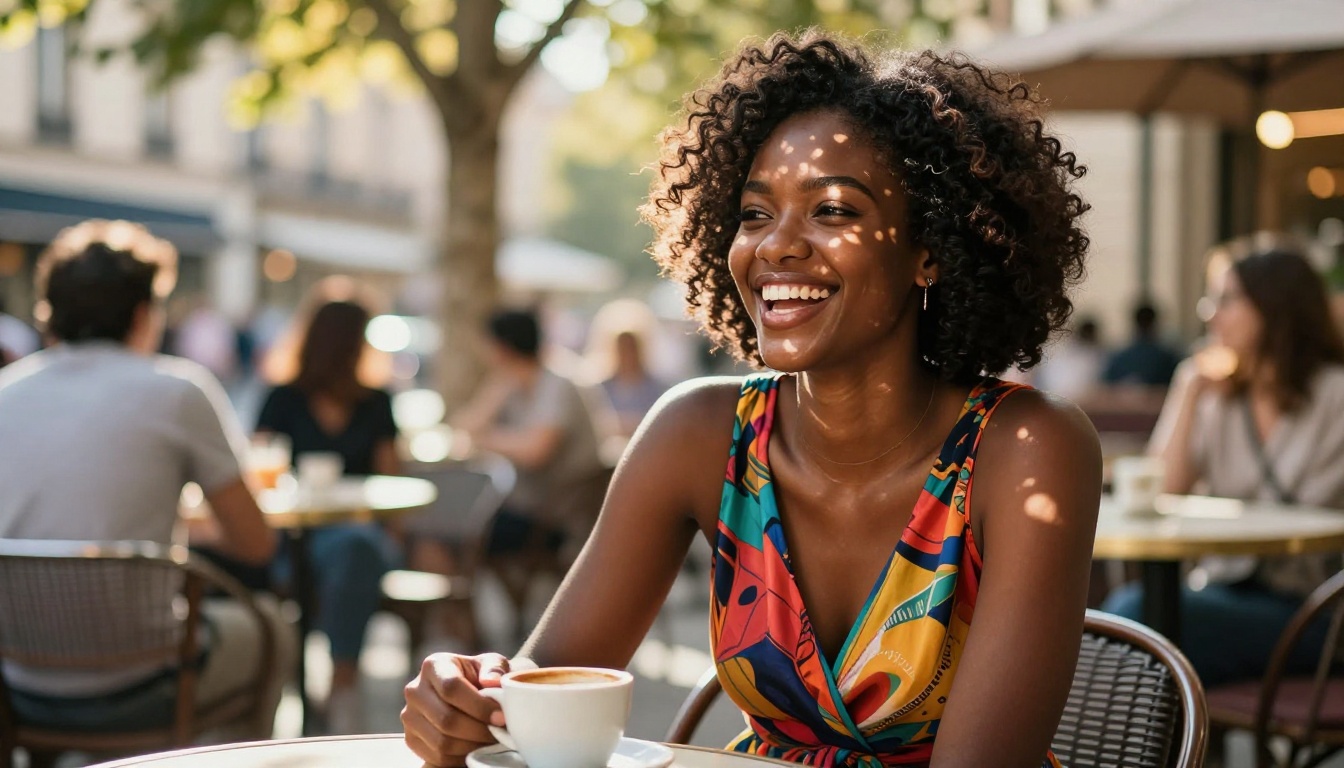 Beautiful African woman with natural curly hair laughing genuinely at outdoor cafe table in warm European city plaza
