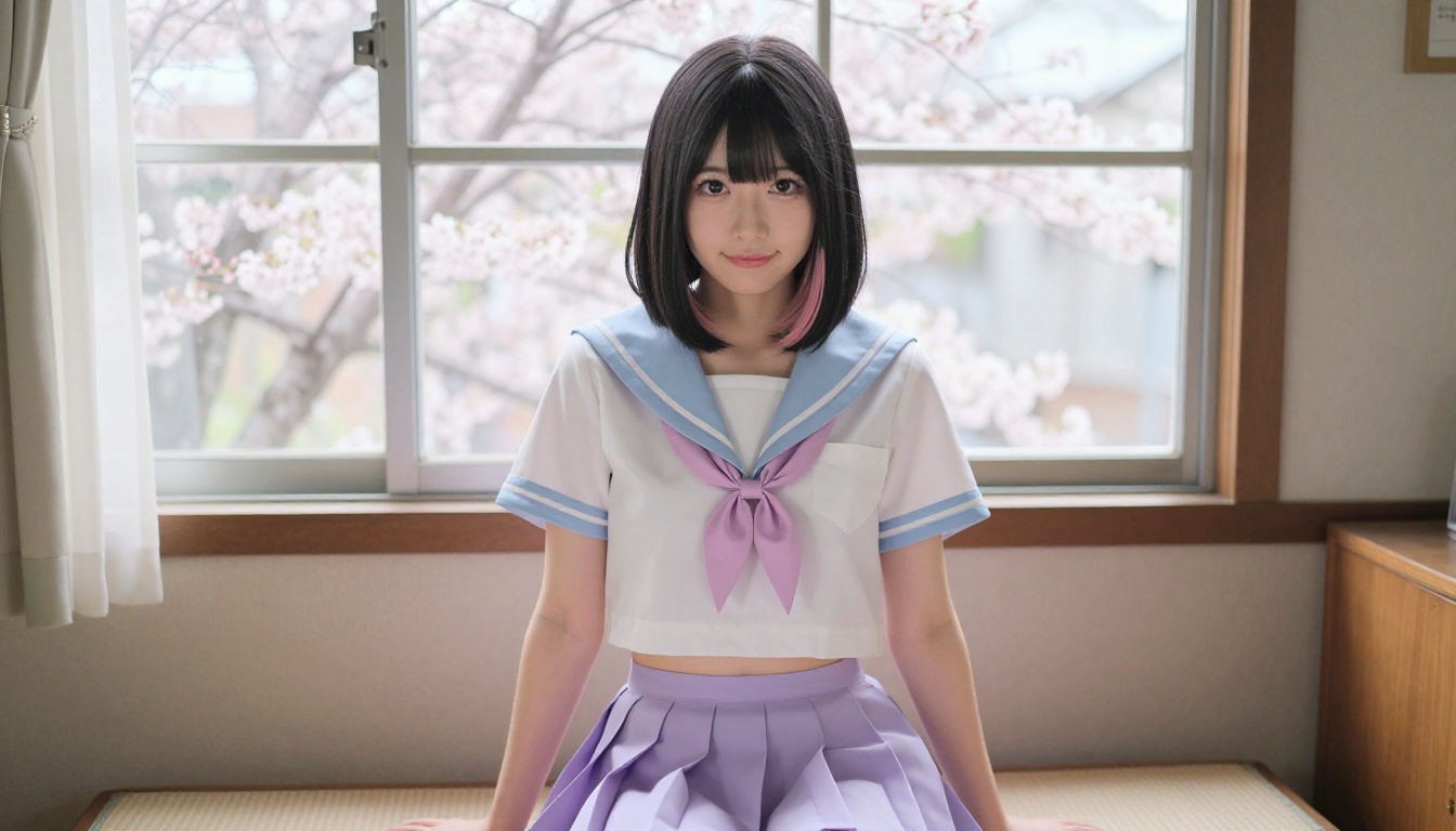Playful Japanese woman in cosplay outfit seated at Tokyo apartment window