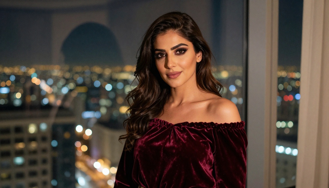 Middle Eastern woman in burgundy velvet by window with city lights at night
