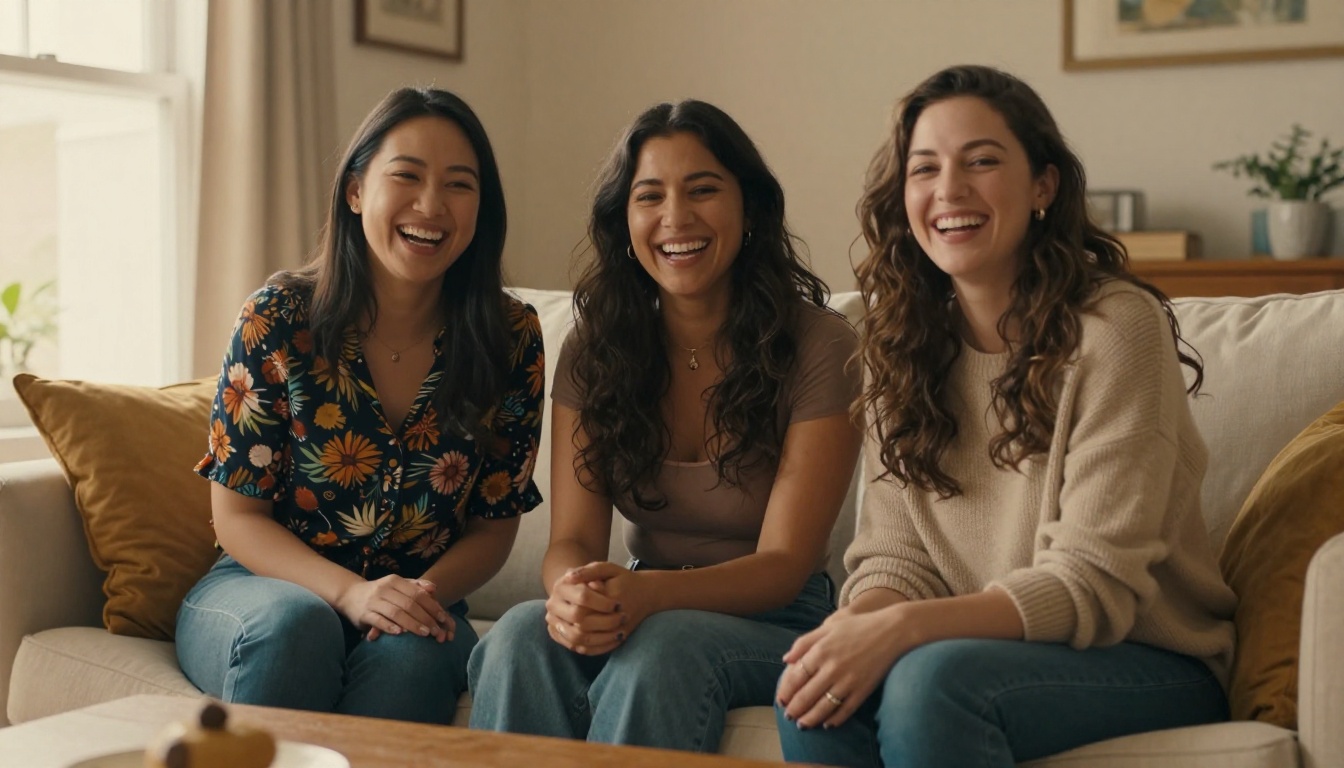 Three beautiful diverse women sitting together on a cream sofa laughing and sharing a warm candid moment in a cozy living room