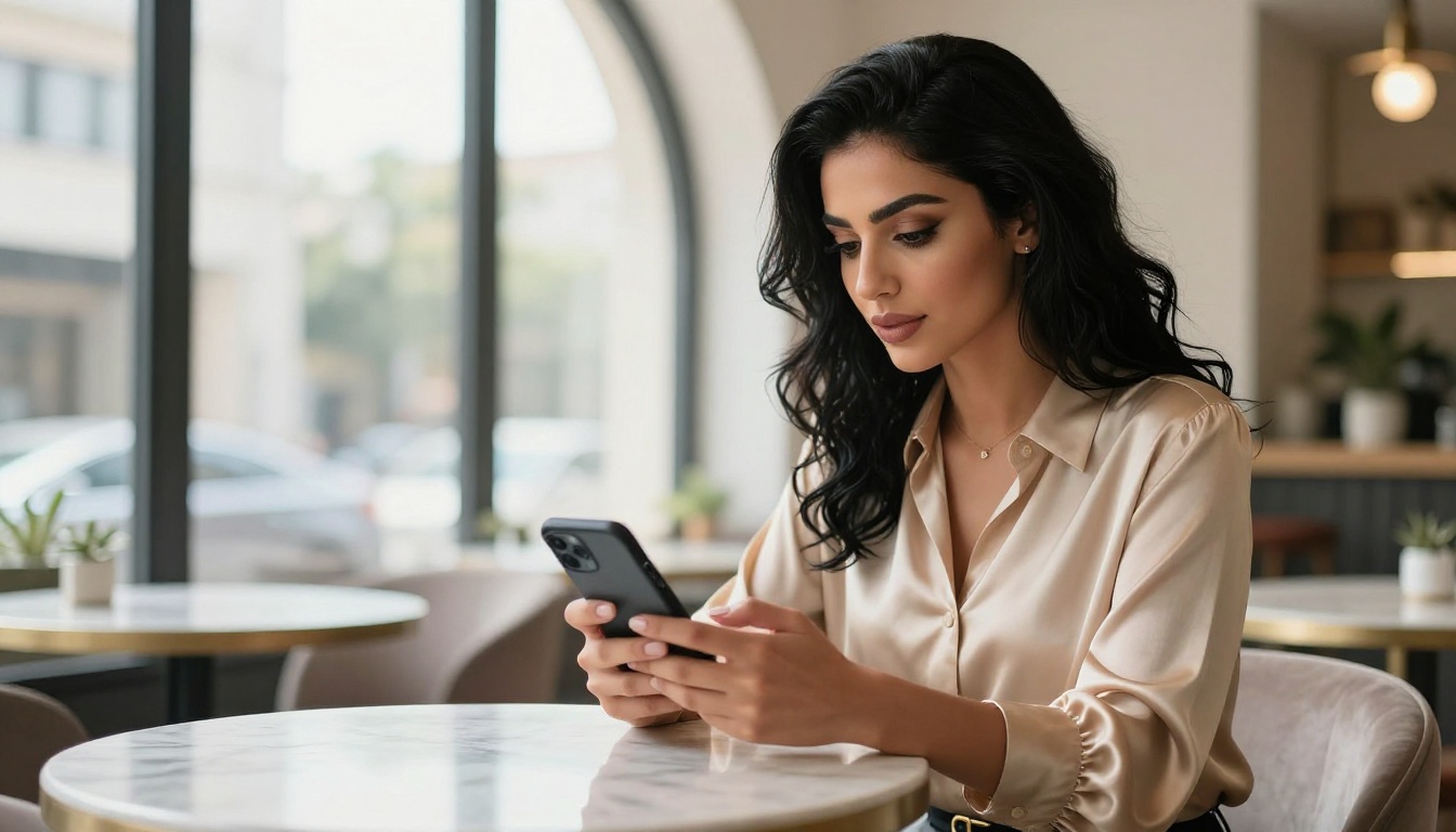 Middle Eastern woman at marble cafe table with smartphone in natural light