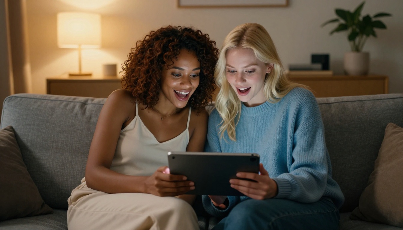 Two women sharing excitement over tablet screen, warm home living room atmosphere