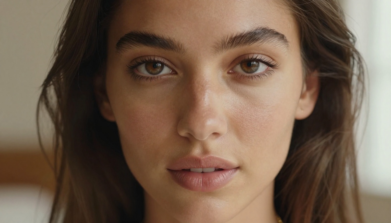 Close-up portrait of woman with honey-toned skin and hazel eyes, Rembrandt window lighting