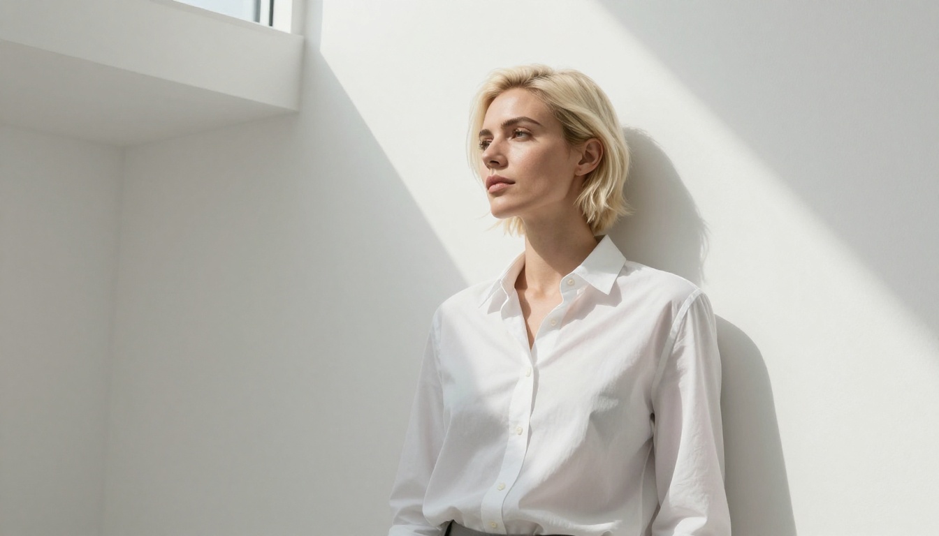 Platinum-haired woman in white shirt against clean white wall in minimalist interior