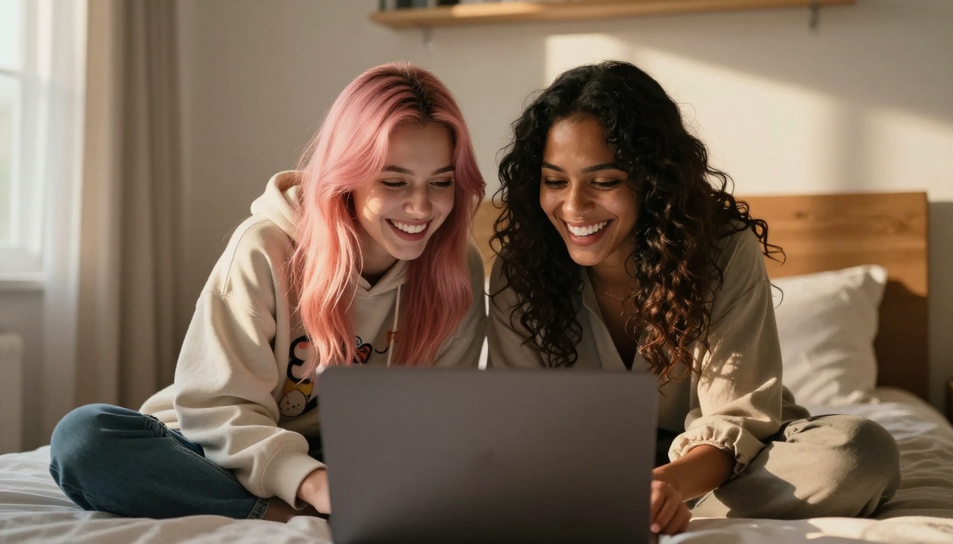 Two women of different ethnicities sharing a laptop and laughing together