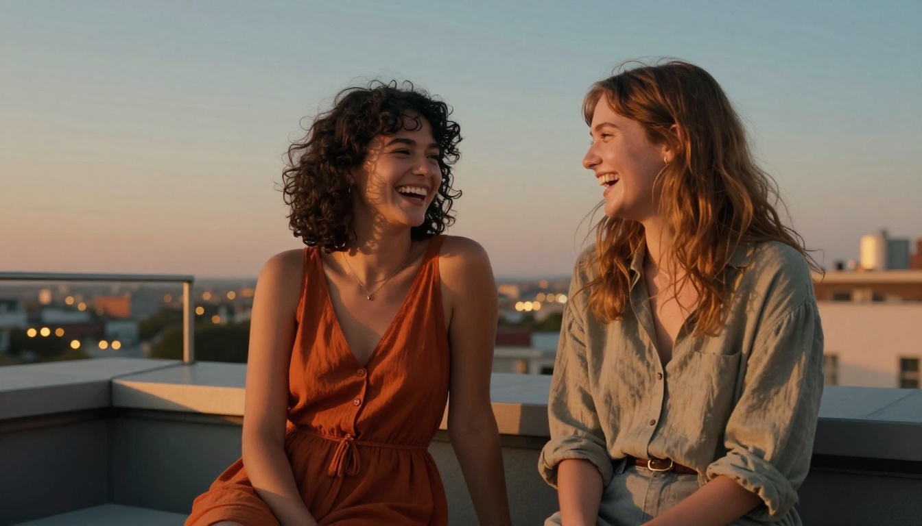 Two women laughing together on a rooftop terrace at golden hour with city skyline behind them