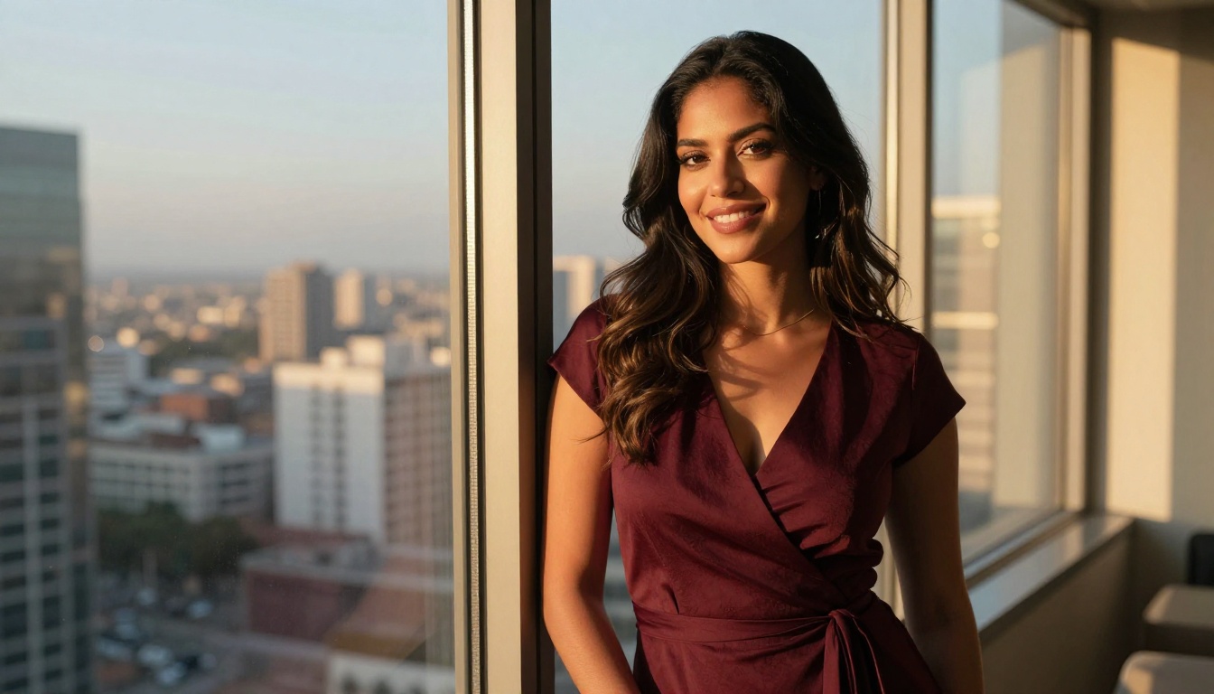 Beautiful Latina AI companion in a modern penthouse apartment