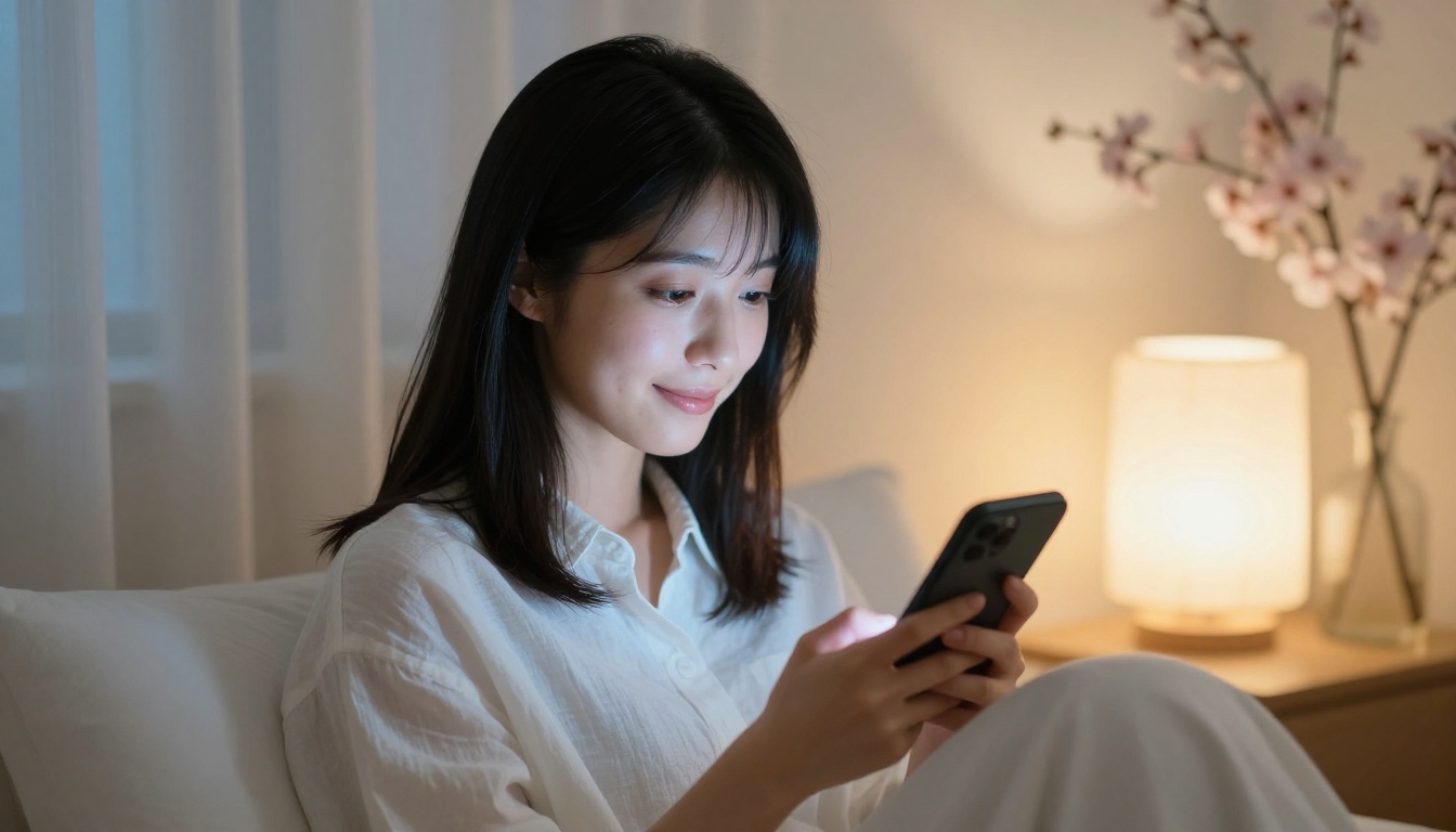 Japanese AI companion holding smartphone in cozy minimalist apartment