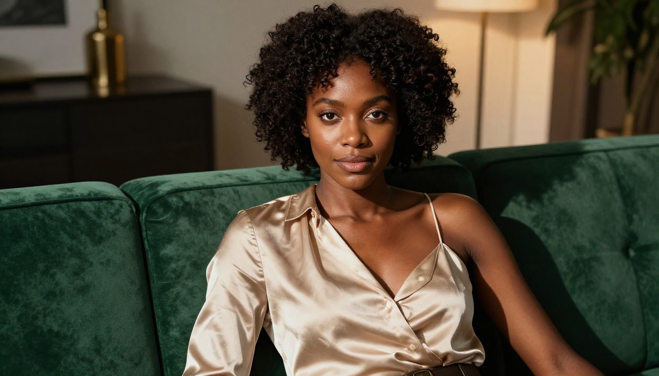 Confident African American AI companion seated in a stylish modern loft
