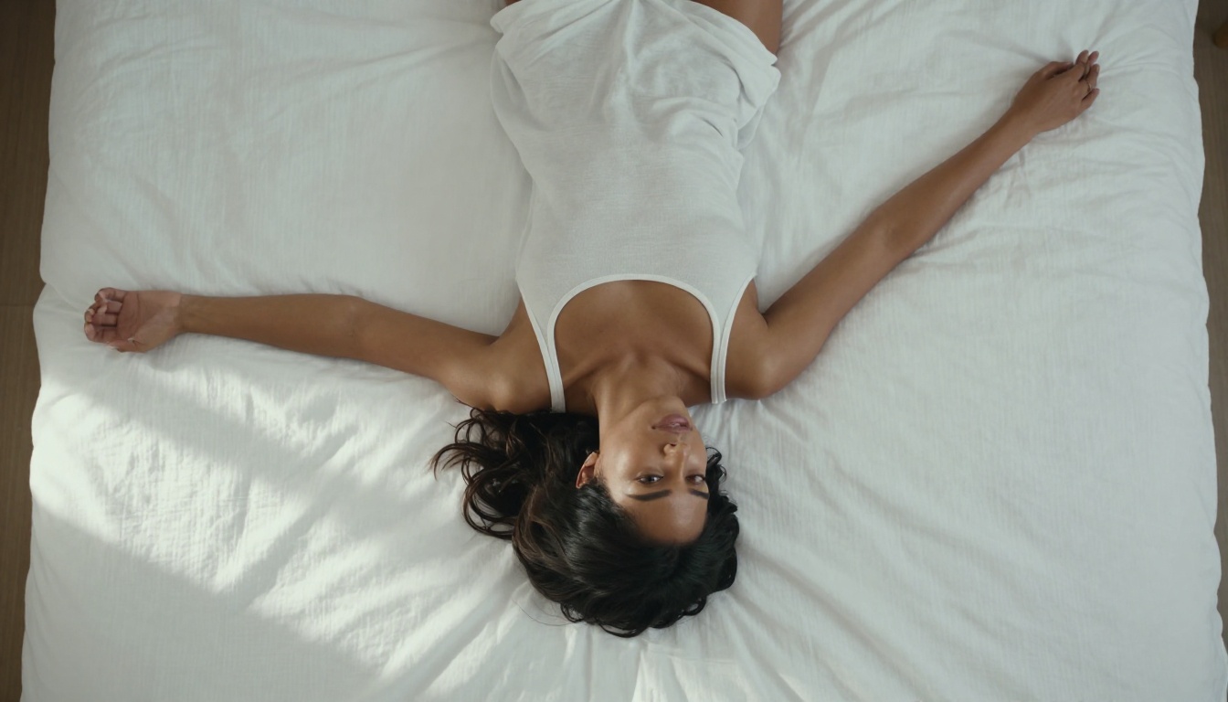Aerial overhead view of companion relaxing on white linen bed