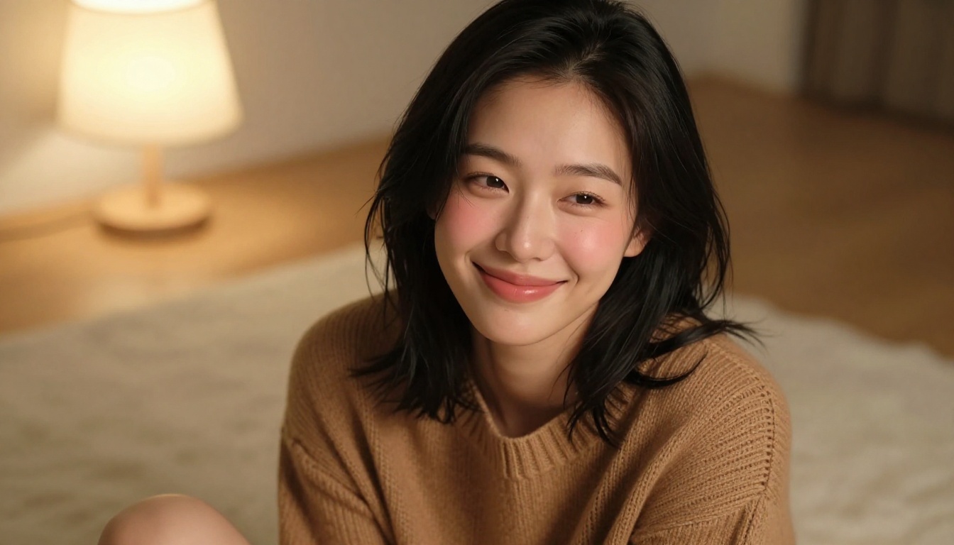 Korean AI companion with warm Rembrandt lighting in intimate home setting