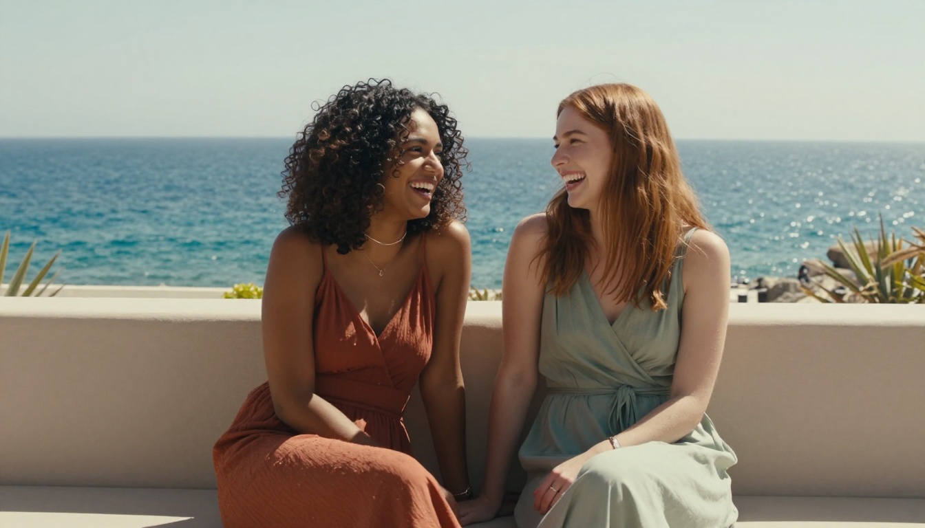 Two AI companions sharing a candid moment on a Mediterranean coastal terrace