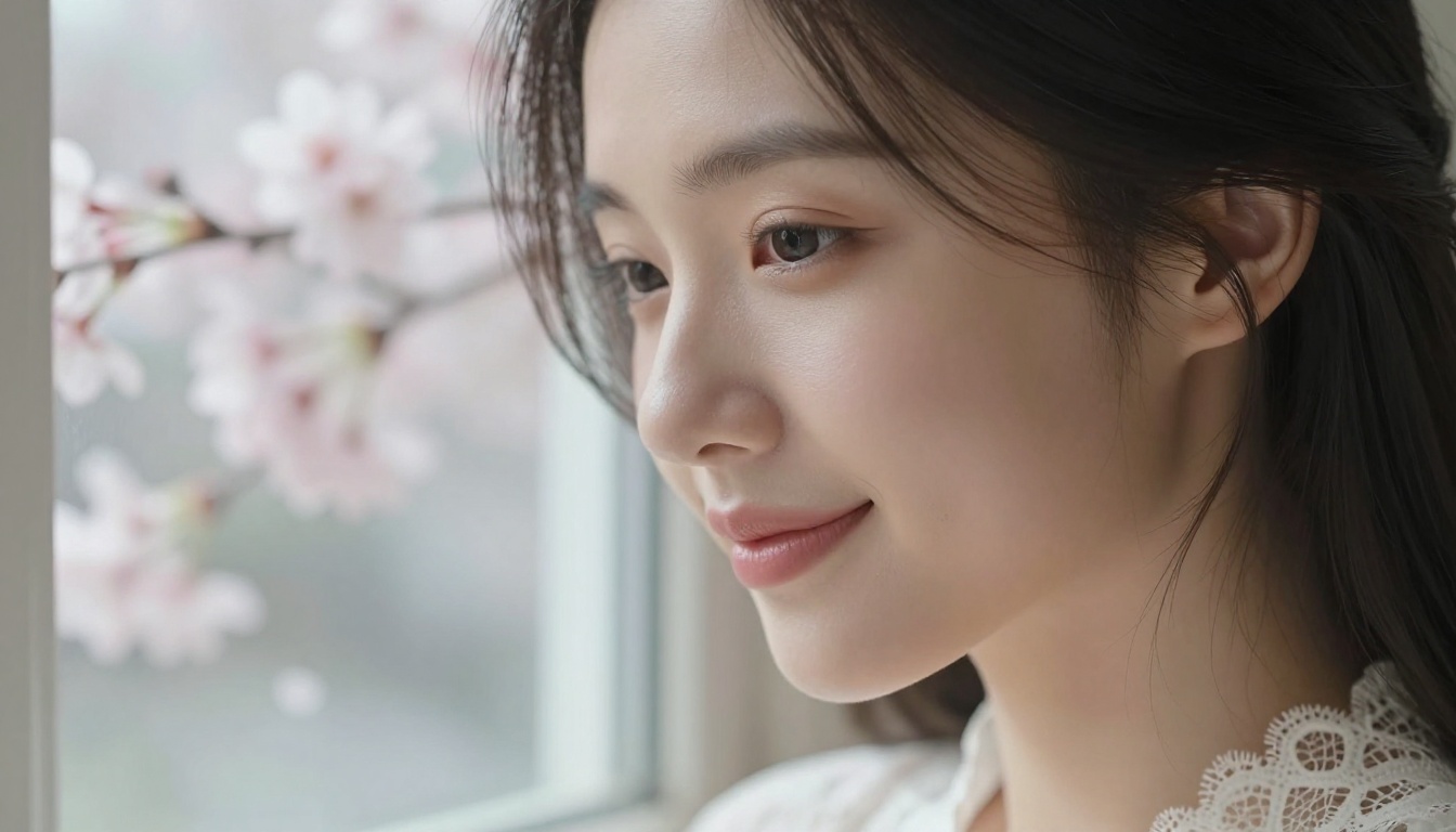 East Asian AI companion character near cherry blossom window