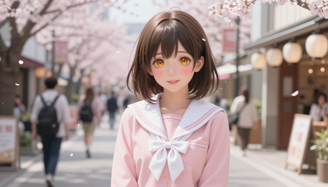 Anime-inspired AI character in sunlit Tokyo street setting