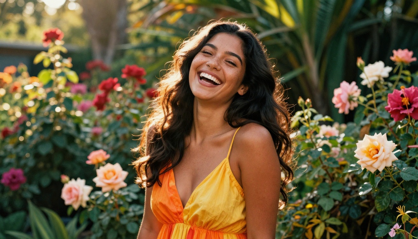 Latina AI companion laughing in vibrant garden setting