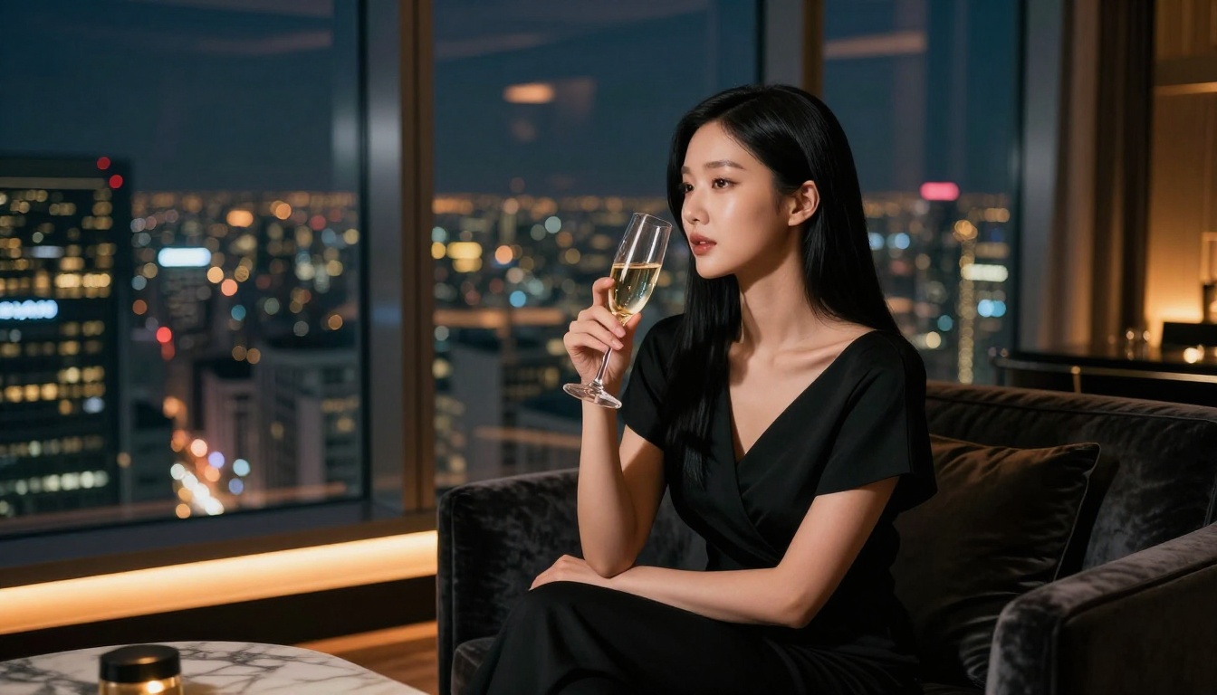 Korean AI companion in luxury penthouse with city night views