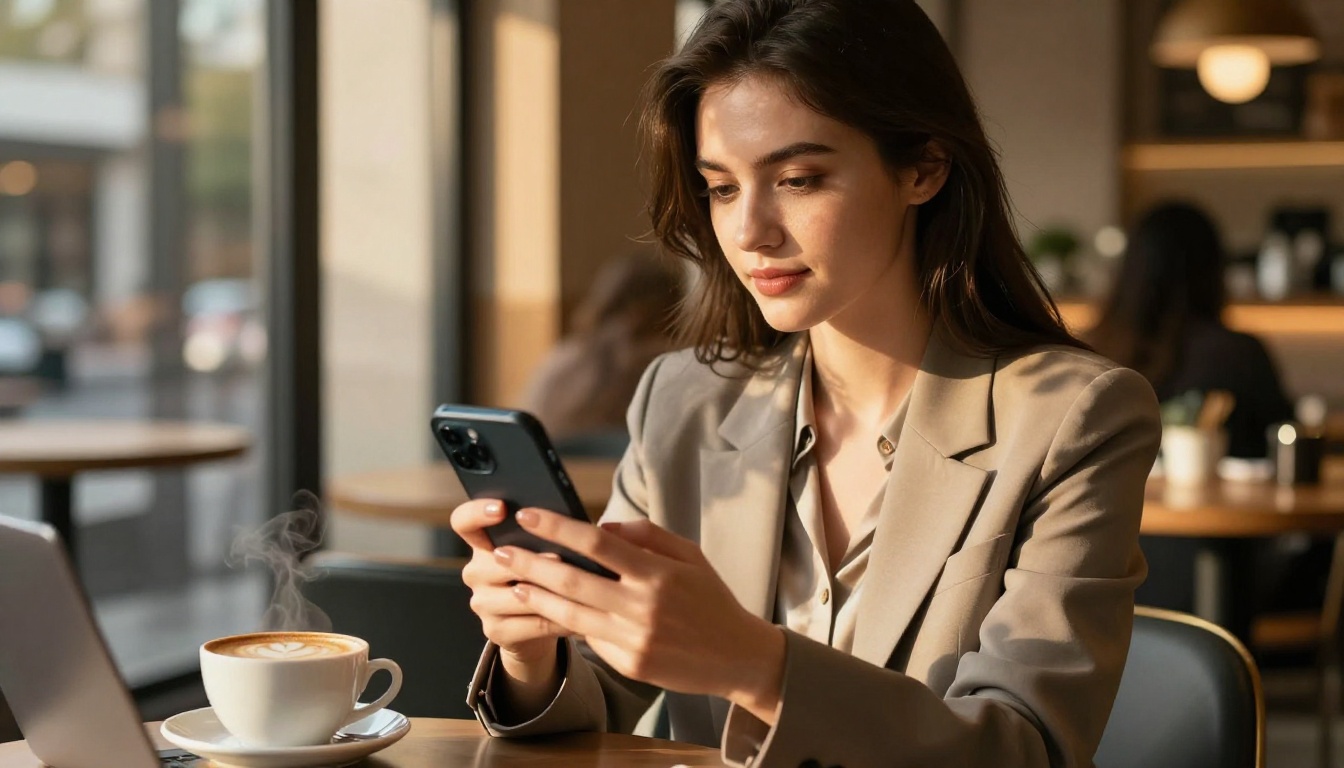 Woman using phone discreetly at a cafe with privacy screen