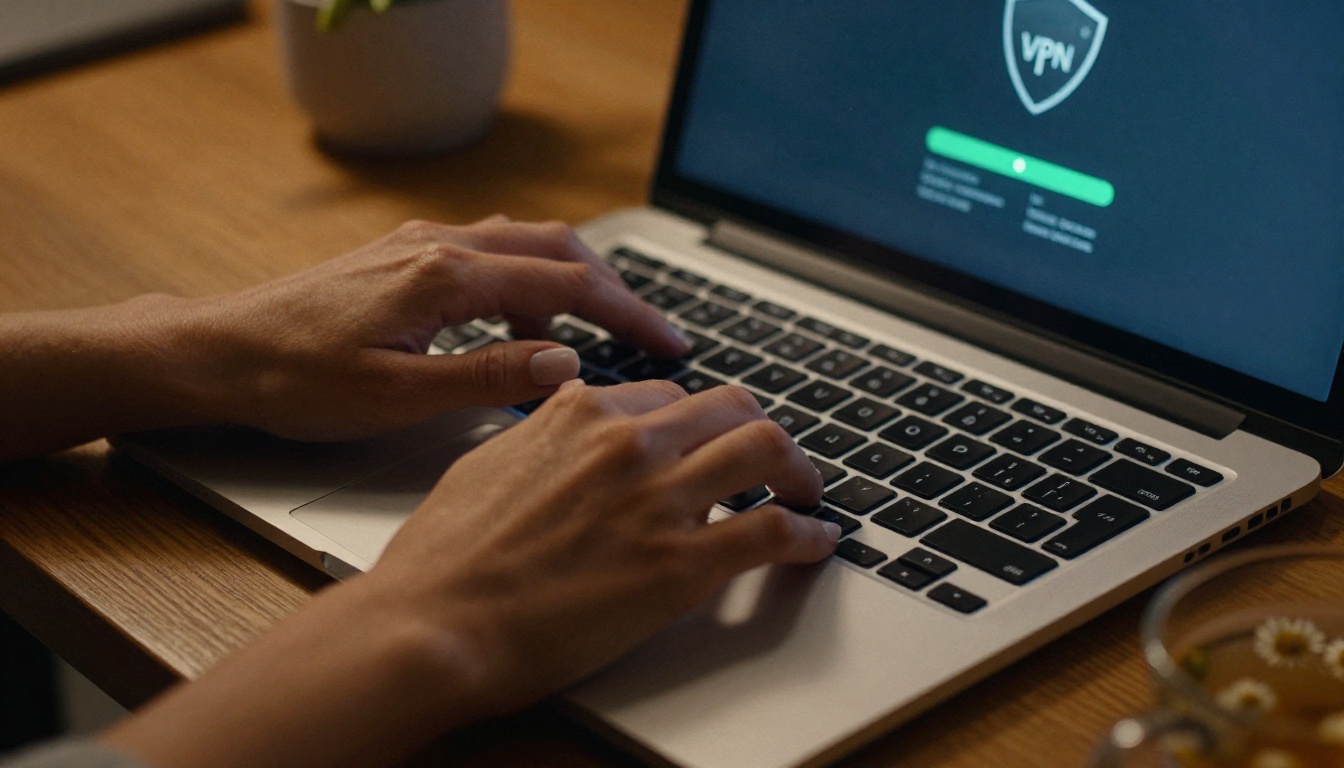 Hands typing on laptop with VPN protection screen