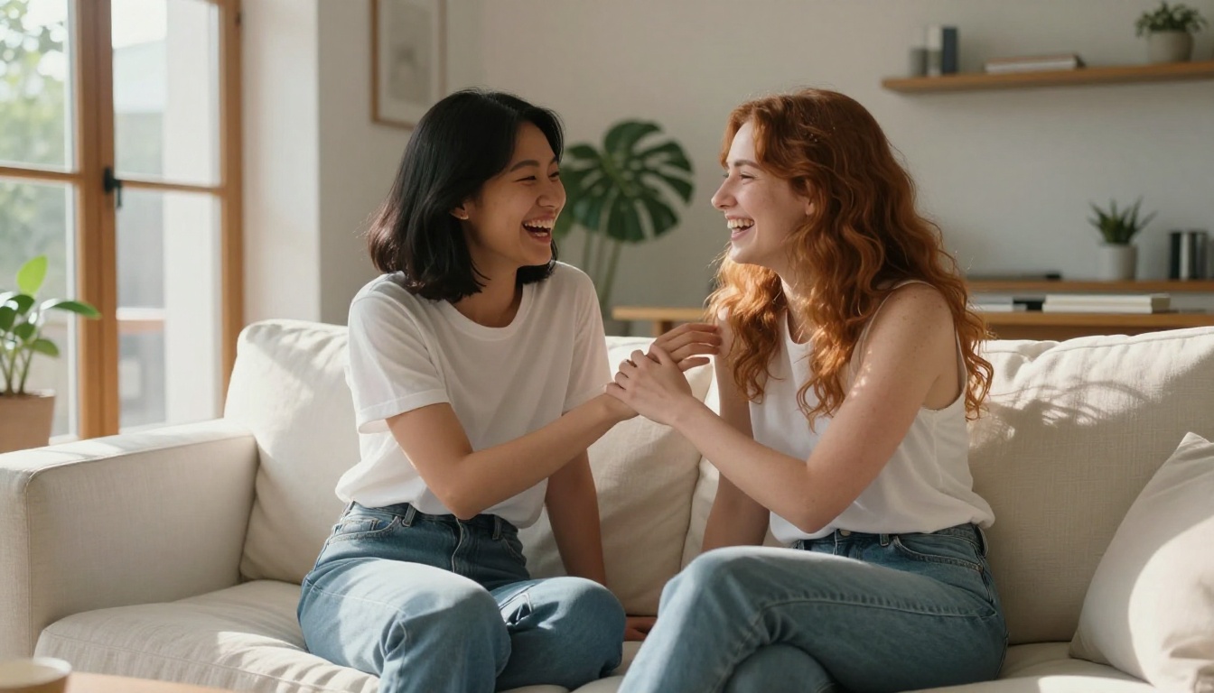 Two women laughing candidly in natural daylight setting