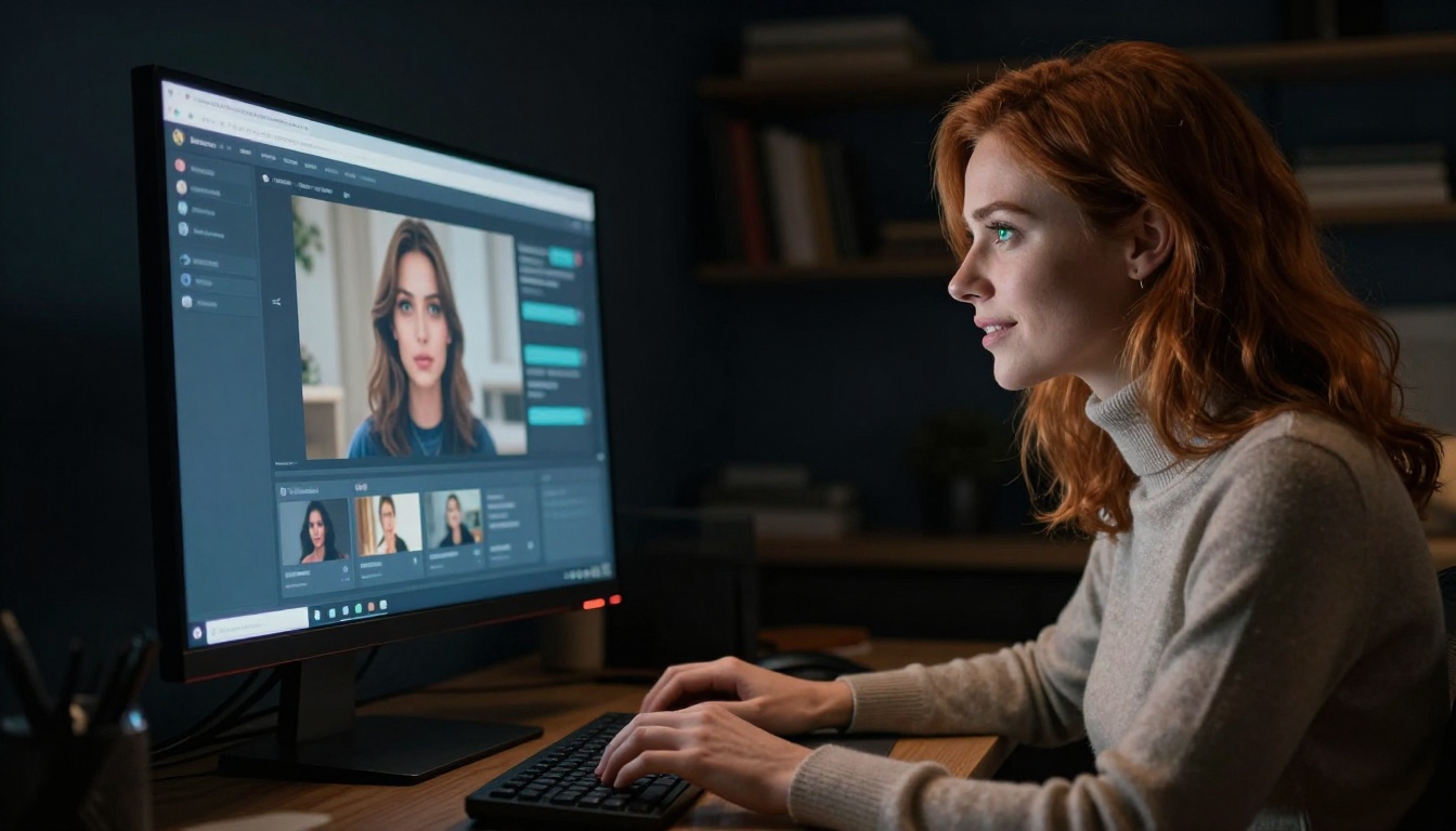 European woman engaged in private AI chat on home office computer