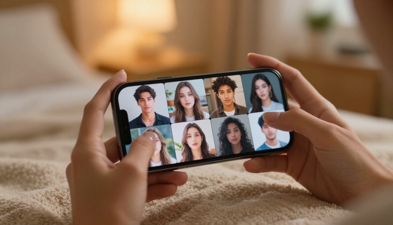 Elegant hands browsing AI companion gallery on smartphone