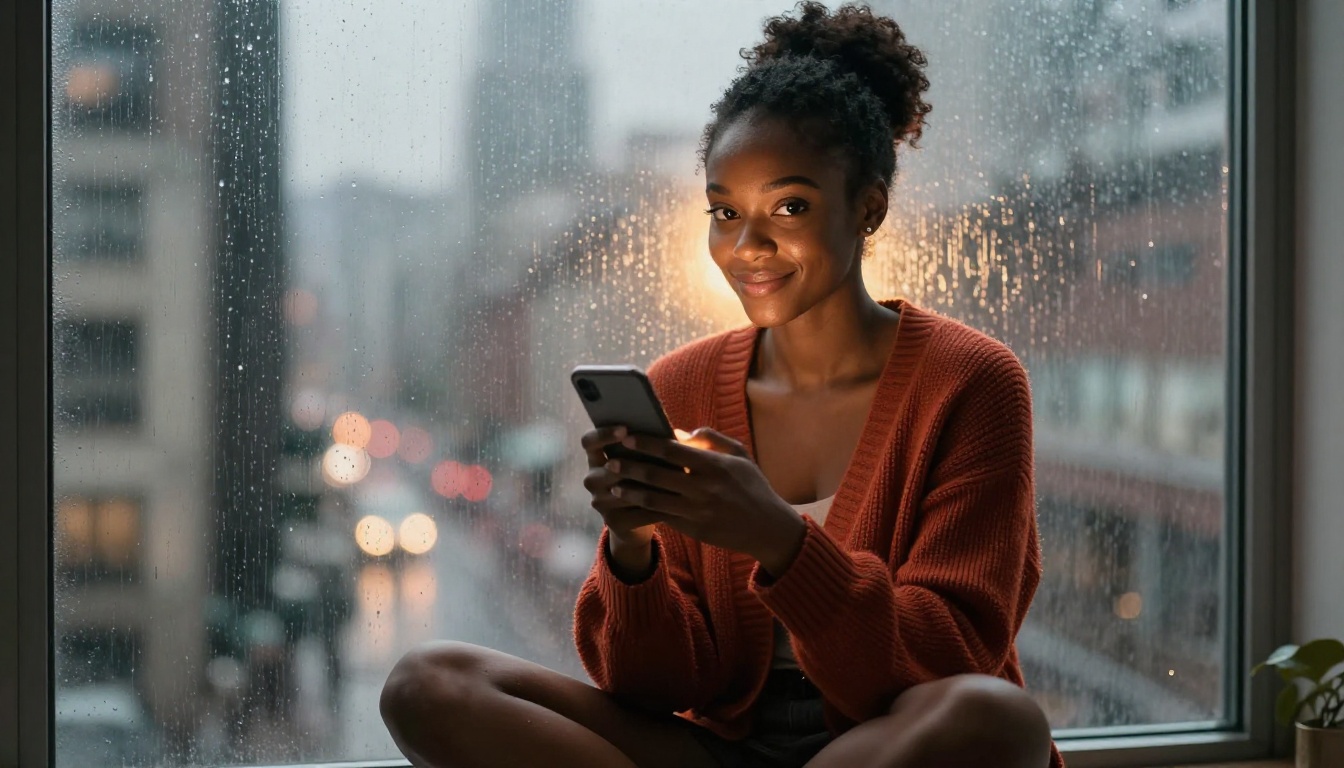 African American woman holding phone privately on rainy window seat