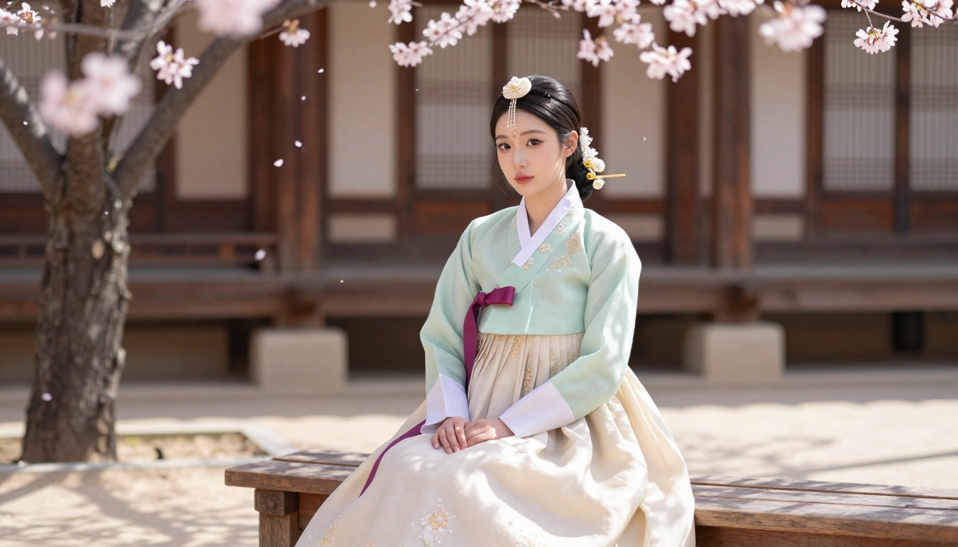 Korean woman in traditional-inspired outfit among cherry blossoms