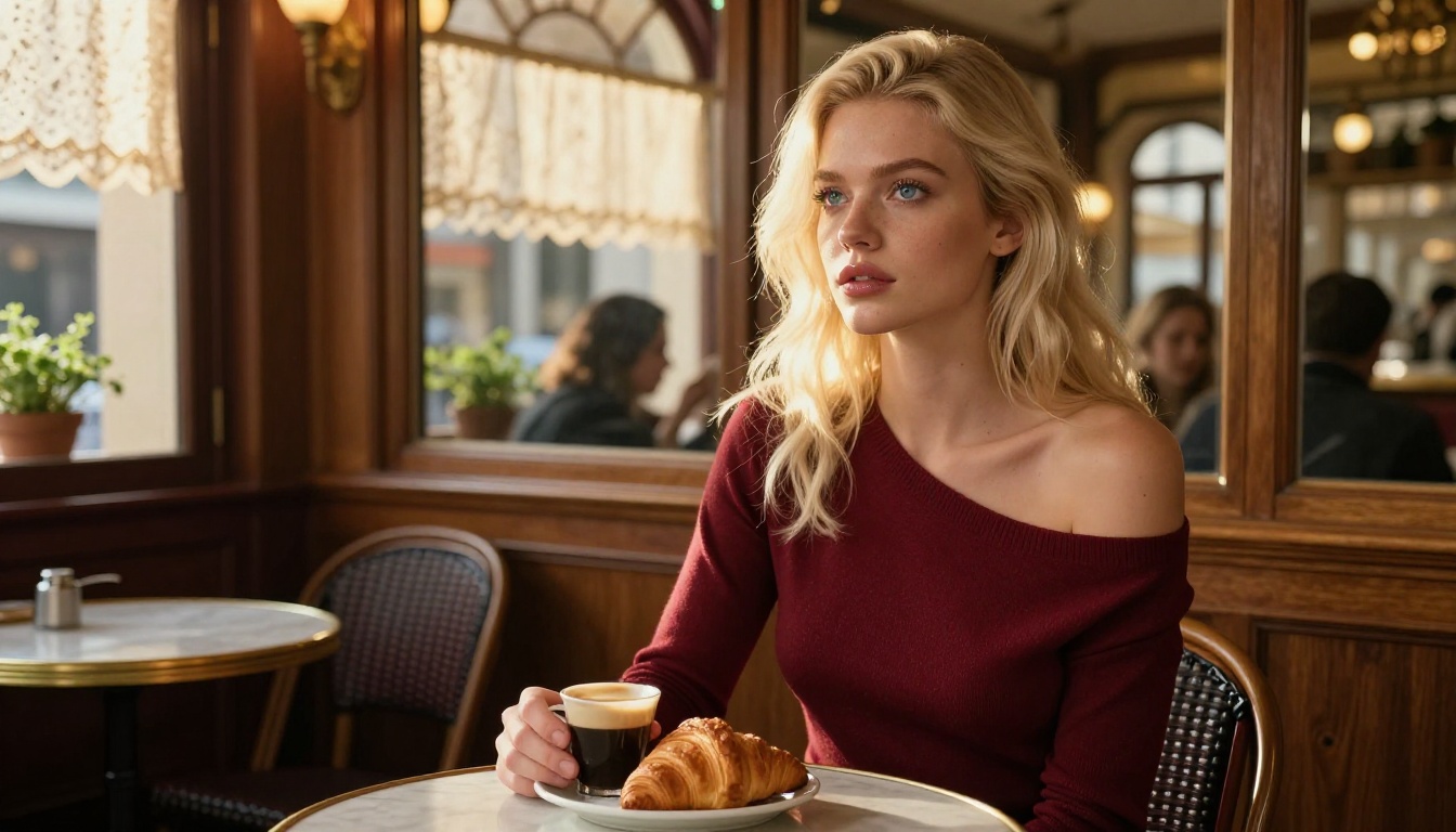 European woman in romantic Parisian cafe setting