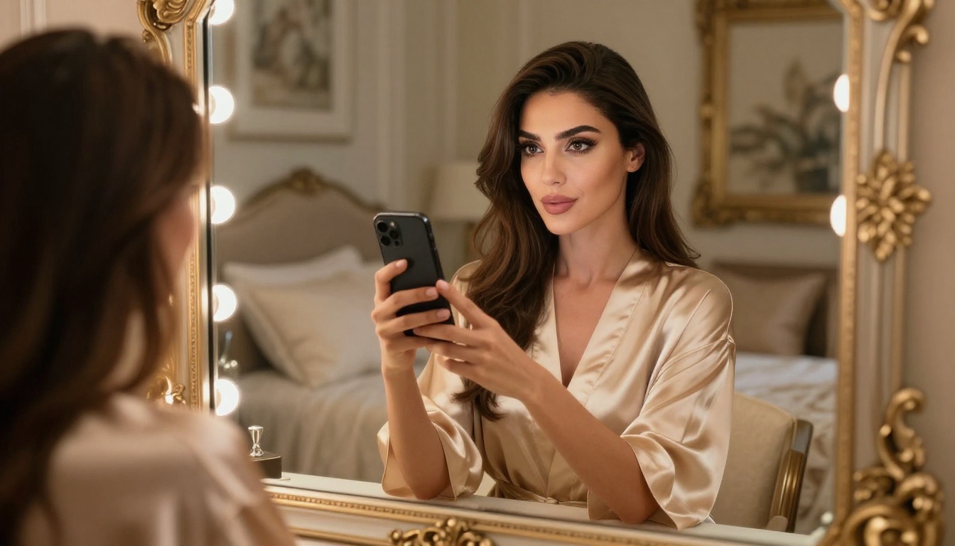 Middle Eastern woman privately checking phone at glamour vanity mirror