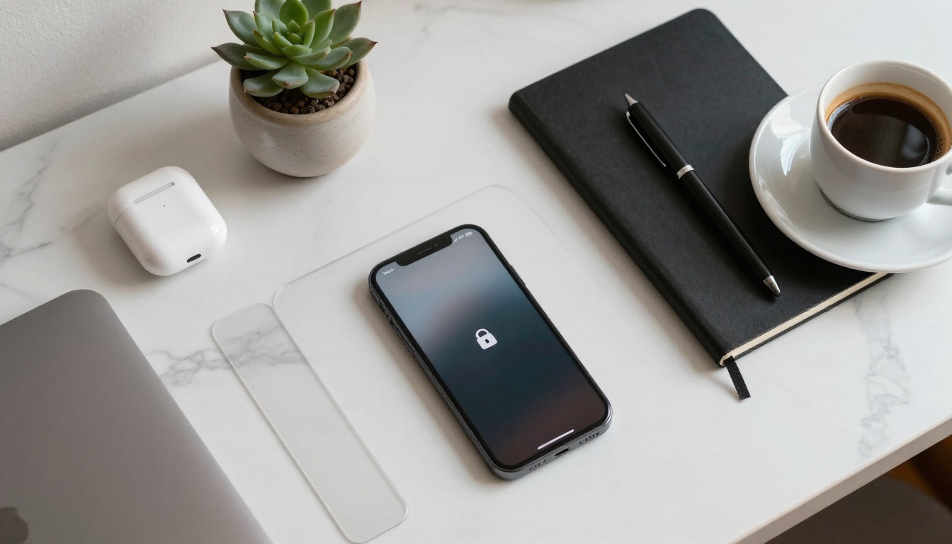 Minimalist desk with phone in privacy mode surrounded by everyday items