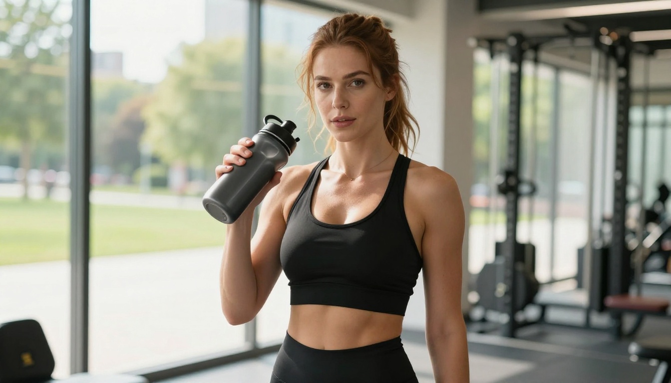 A confident European woman with wavy auburn hair in a fitted black sports bra, standing in a sunlit modern gym with city park views behind her