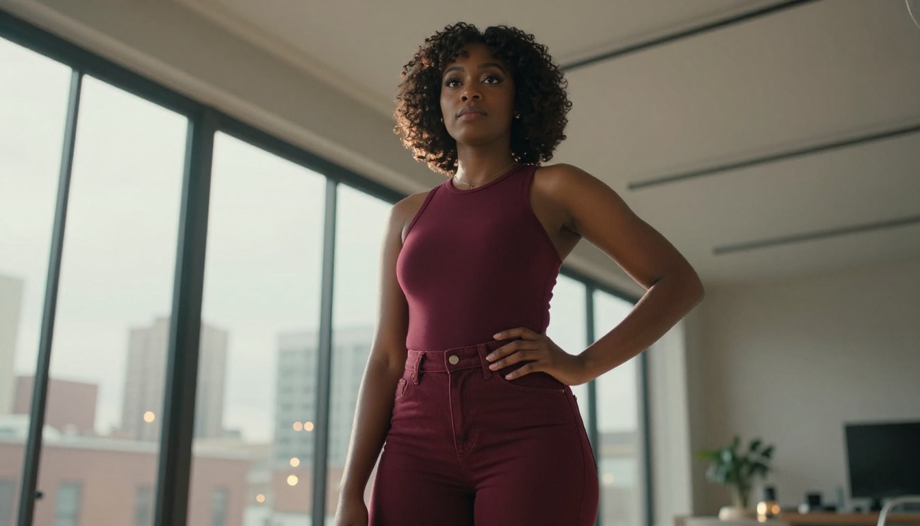 African American woman in loft apartment, rim lighting, confident low-angle pose