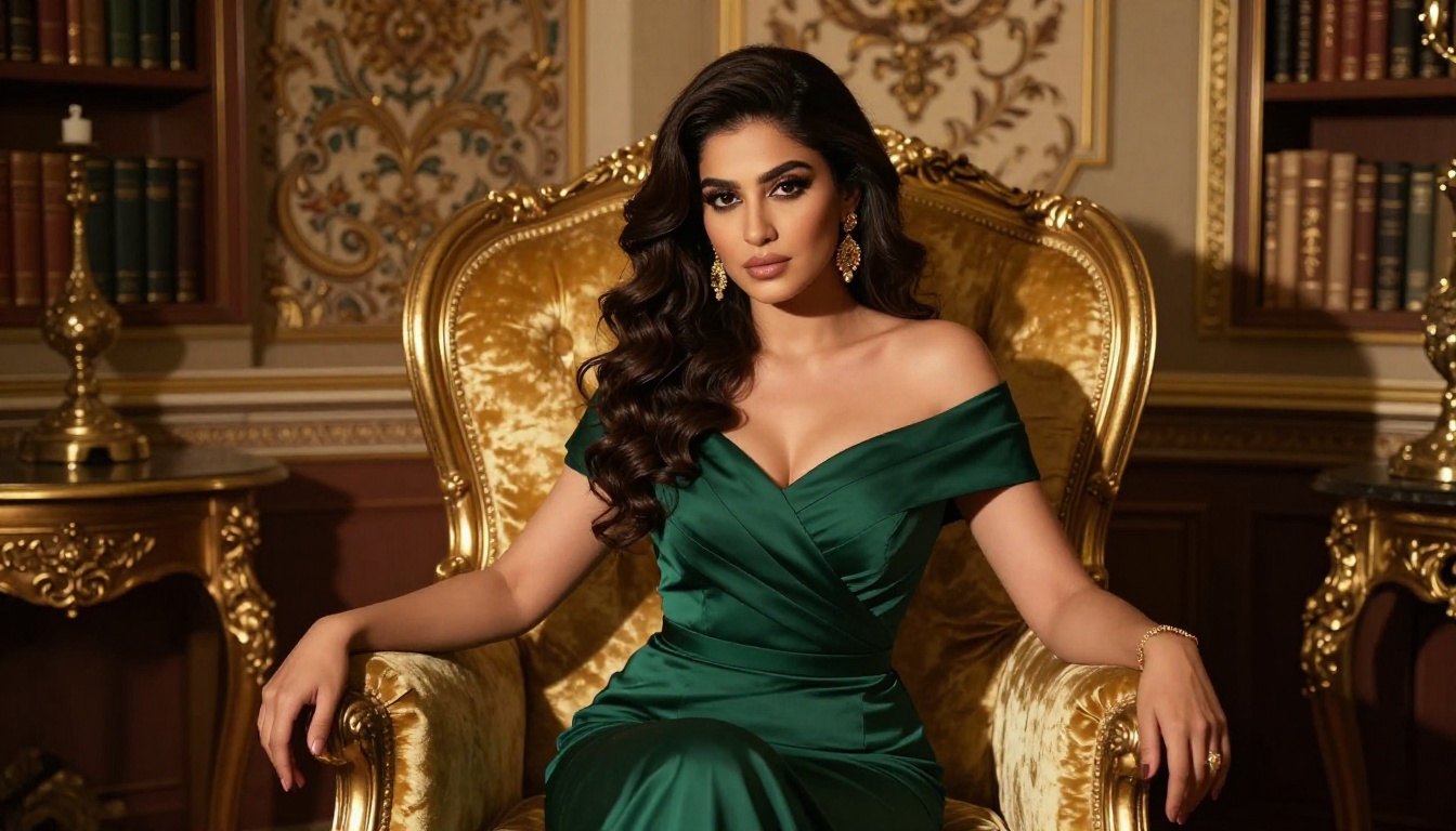 Middle Eastern woman in emerald dress on golden armchair, dramatic lamp lighting