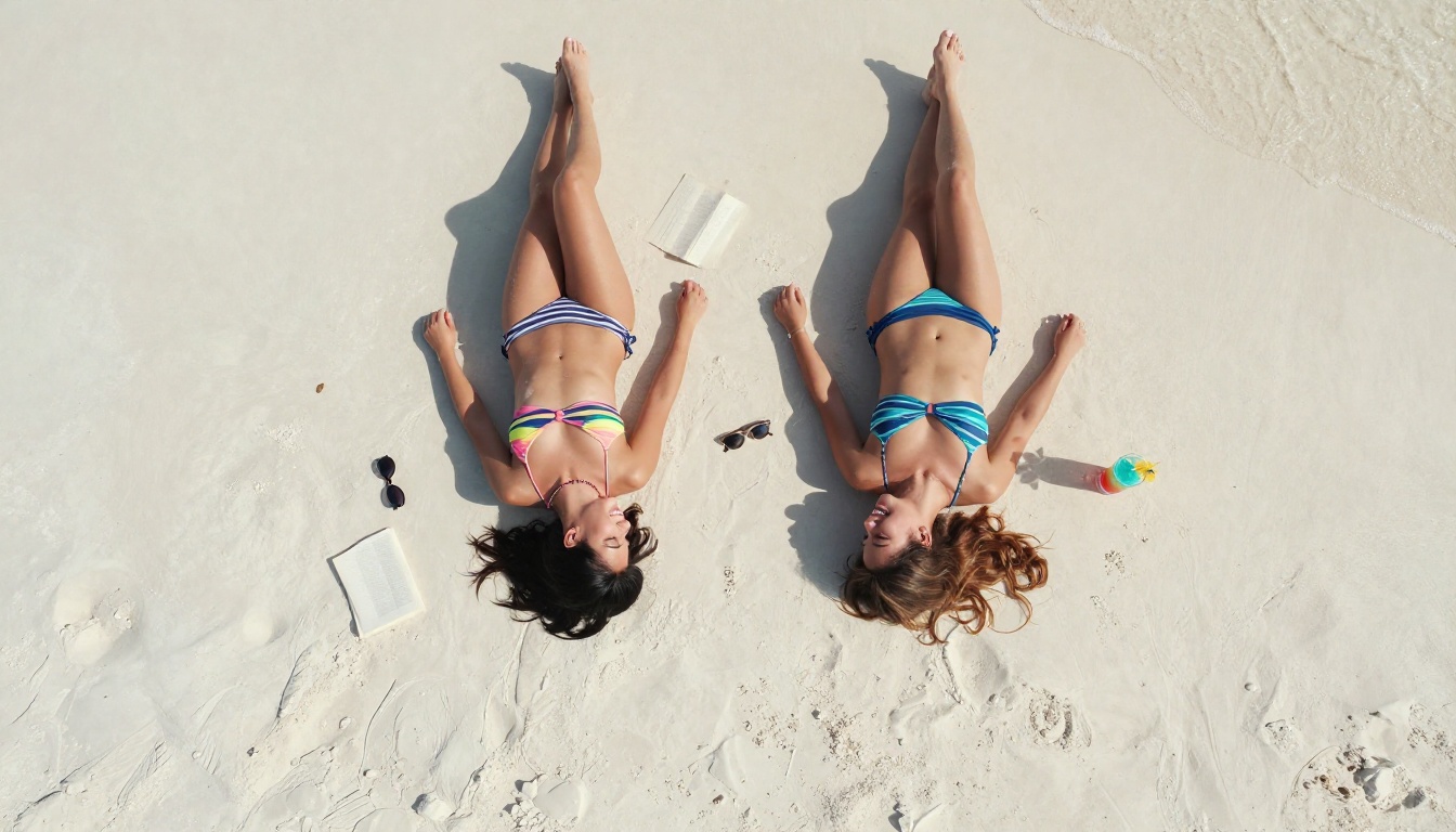 Two women on white sandy beach, aerial overhead shot, colorful bikinis, laughing