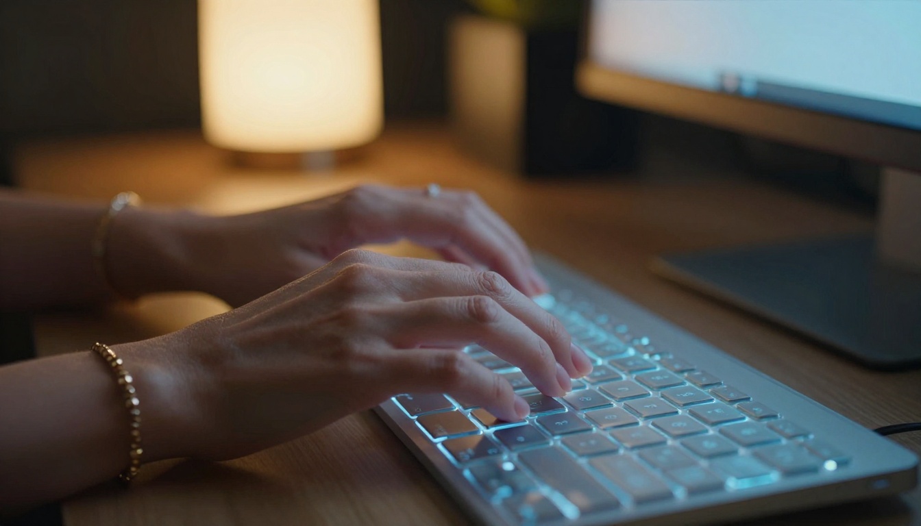 Woman's hands typing on illuminated glass keyboard, gold bracelets, blue monitor glow