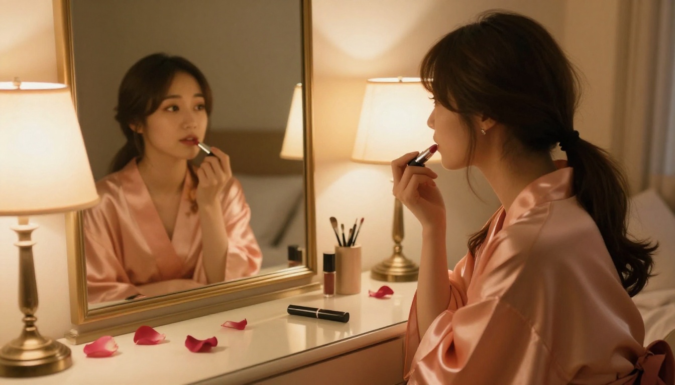 A captivating Japanese woman at a vanity table in a silky peach kimono-style robe, applying lipstick, warm amber bedroom light creating an intimate mood