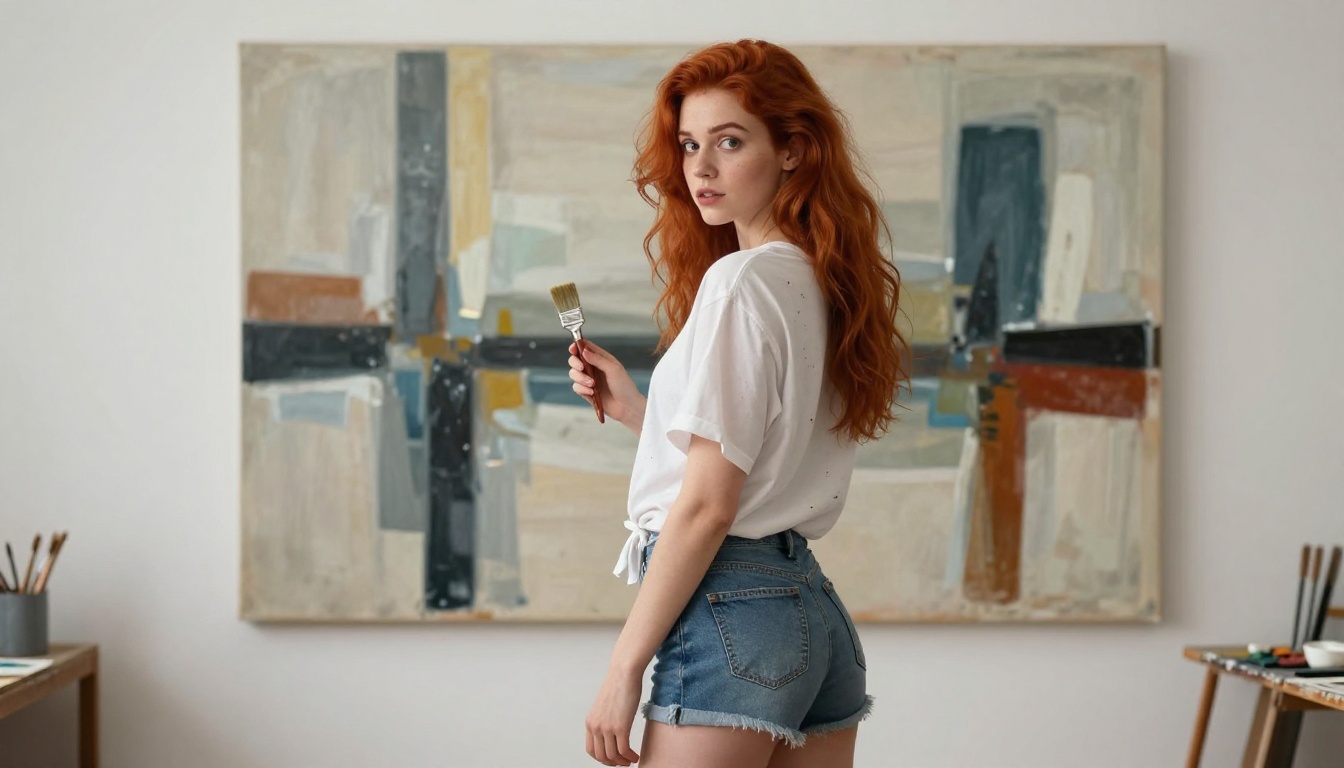 Red-haired woman in art studio, paint-splattered shirt, looking over shoulder, skylight
