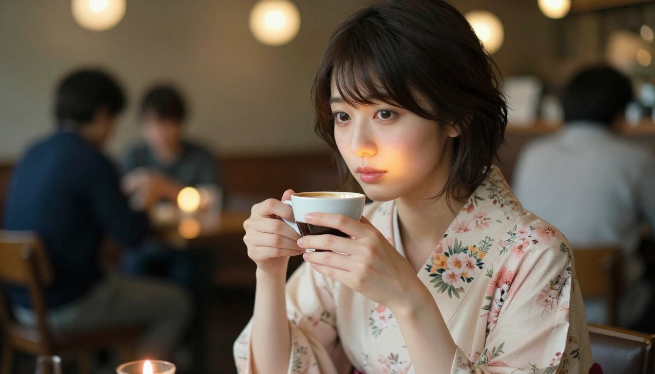 Japanese woman in cozy café, kimono-inspired blouse, candlelight portrait, shallow depth