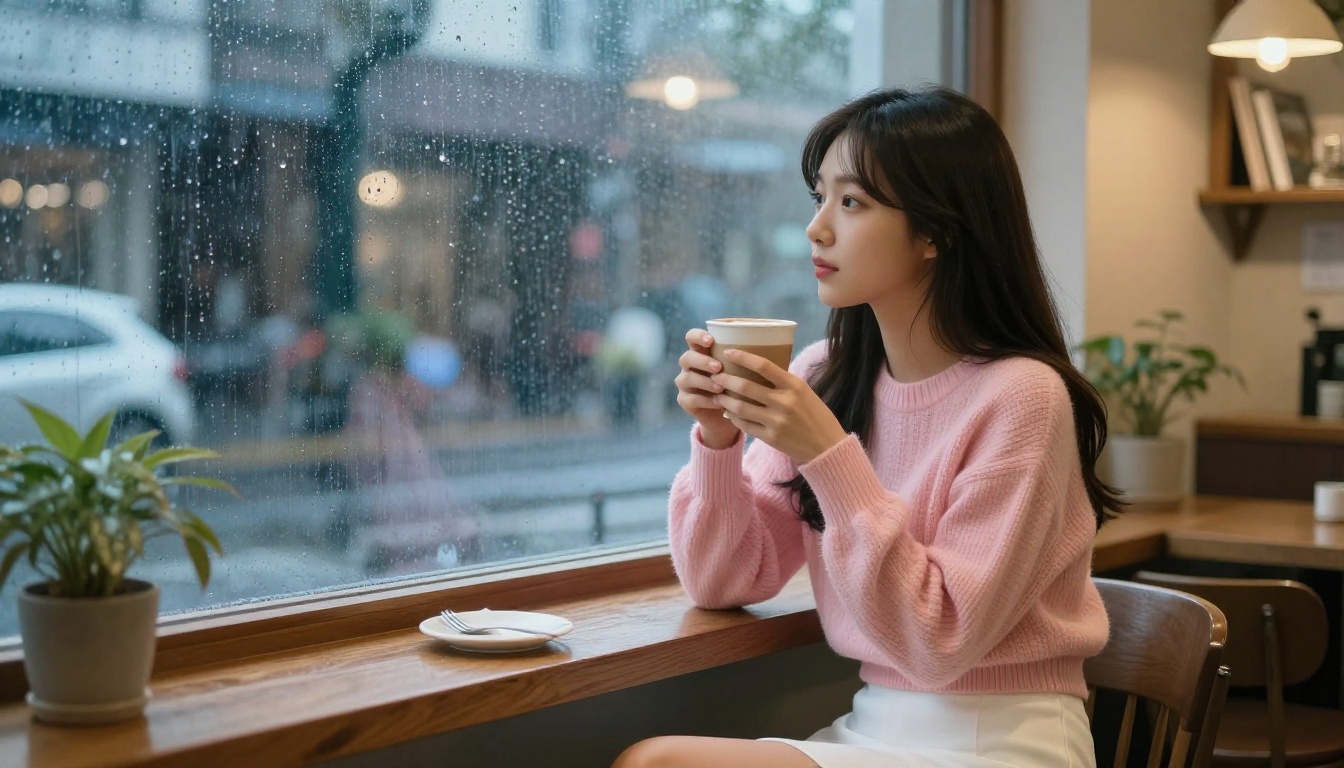 A beautiful Korean woman in a pastel pink crop sweater sitting in a cozy cafe window seat, holding a latte, rainy day light creating beautiful bokeh outside