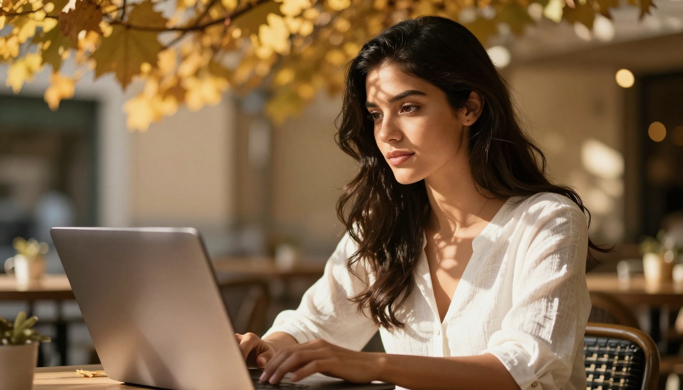 A beautiful young Latina woman sitting outdoors at a sunlit café terrace, relaxed expression, golden hour lighting