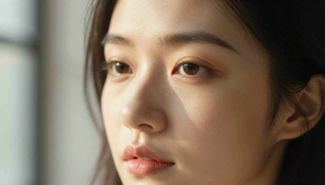 Extreme close-up portrait of a stunning Asian woman with porcelain skin, gazing directly into the camera, soft afternoon light