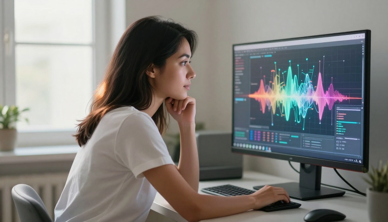 Woman looking at AI processing neural network screen
