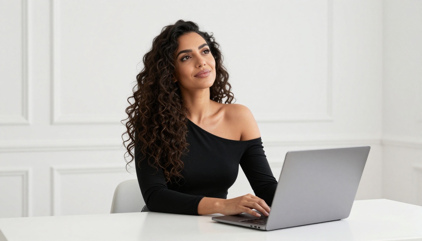 A stunning Middle Eastern woman seated at a sleek white desk, wearing an elegant off-shoulder black top, soft studio lighting