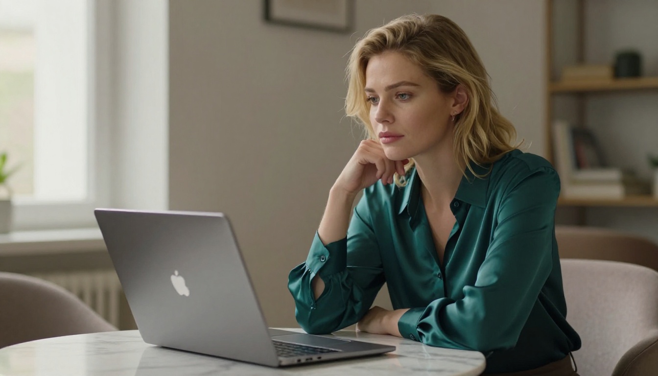 European blonde woman at laptop thinking contemplatively
