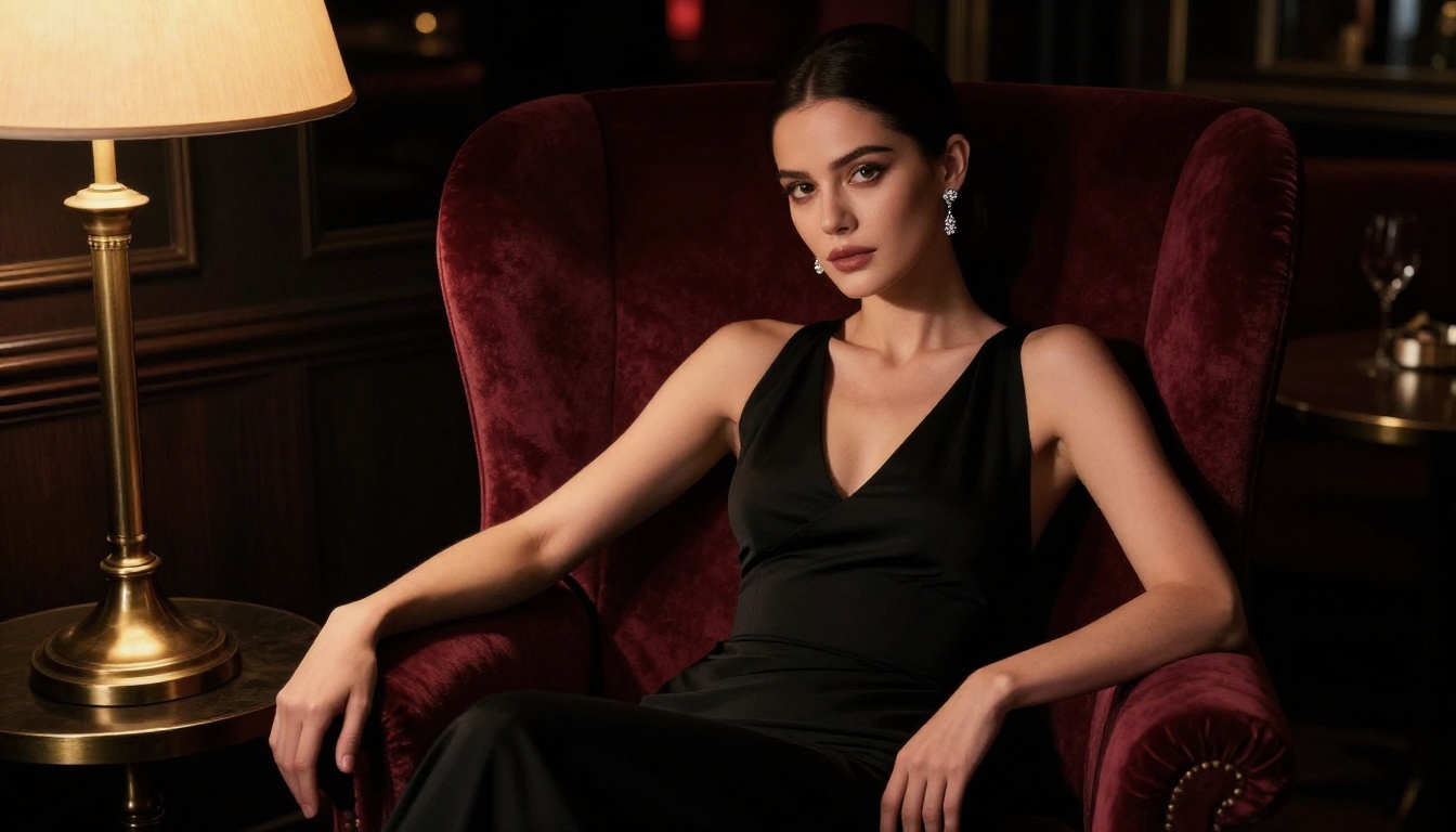 A stunning woman in an elegant black evening gown seated on a deep burgundy velvet armchair, dramatic single-source side lighting