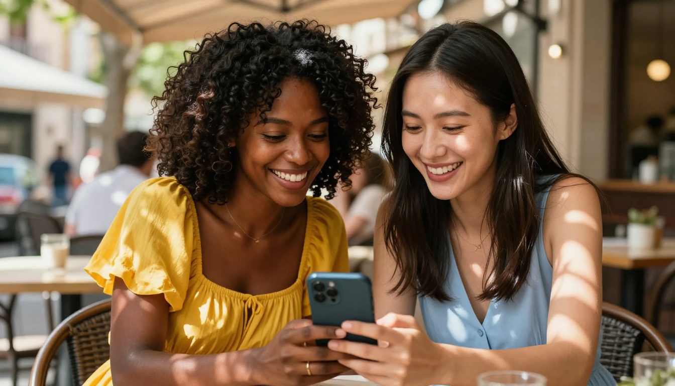 Two women laughing together looking at smartphone screen at outdoor cafe