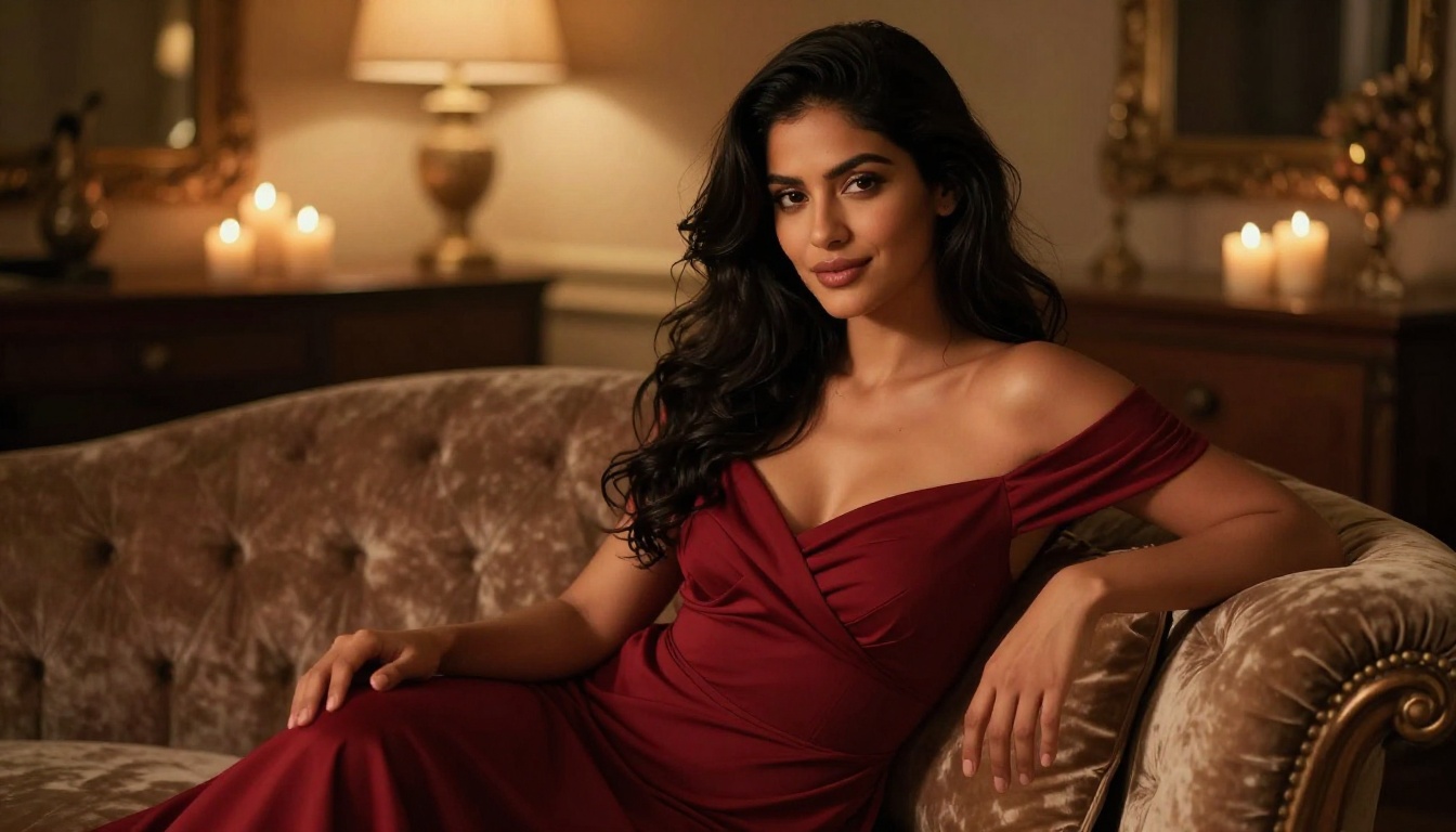 Latina woman in red dress on velvet chaise with warm candlelight