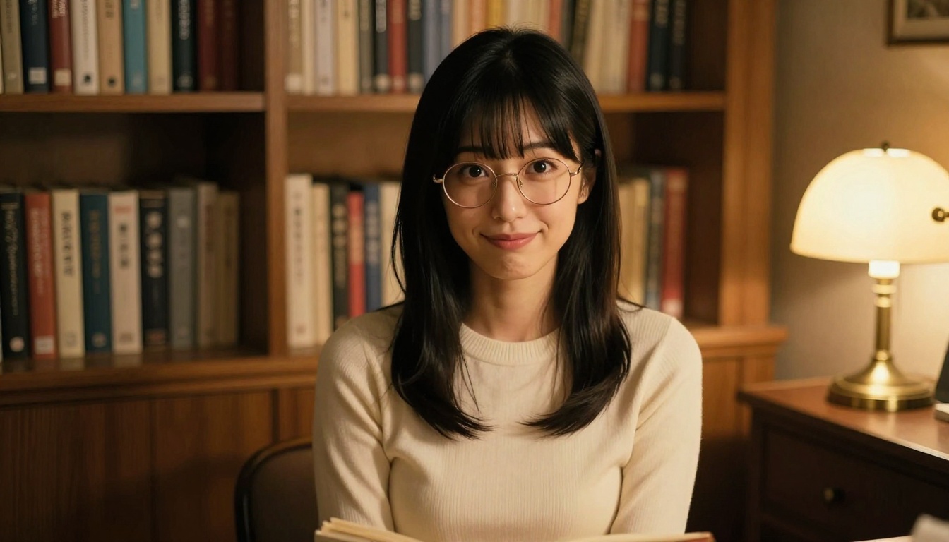 Japanese woman in cozy library with playful mysterious expression